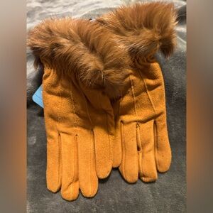 Faux Fur Trimmed Beige/Brown Gloves